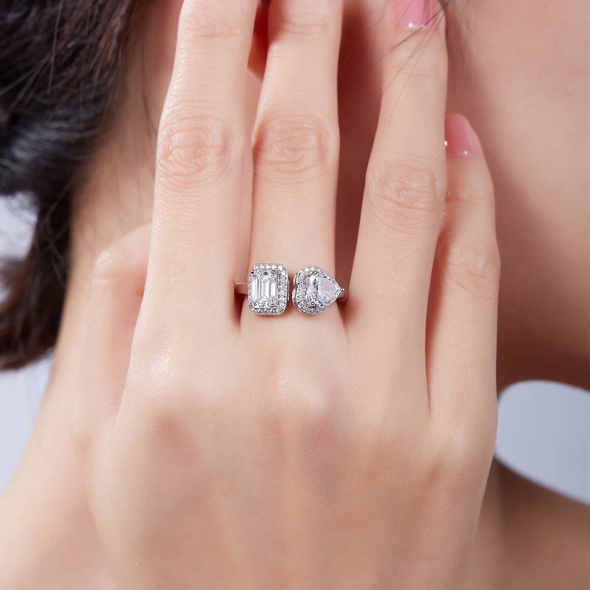 Heart Ice Flower Cut AND Rectangular Moissanite 925 Silver Plated Platinum Women's Ring 1 Carat D-Class
